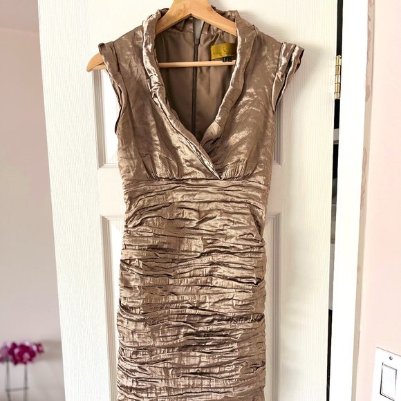 Nicole Miller | Ruched rose-gold metallic cocktail dress w/cap sleeves - Picture 2 of 16
